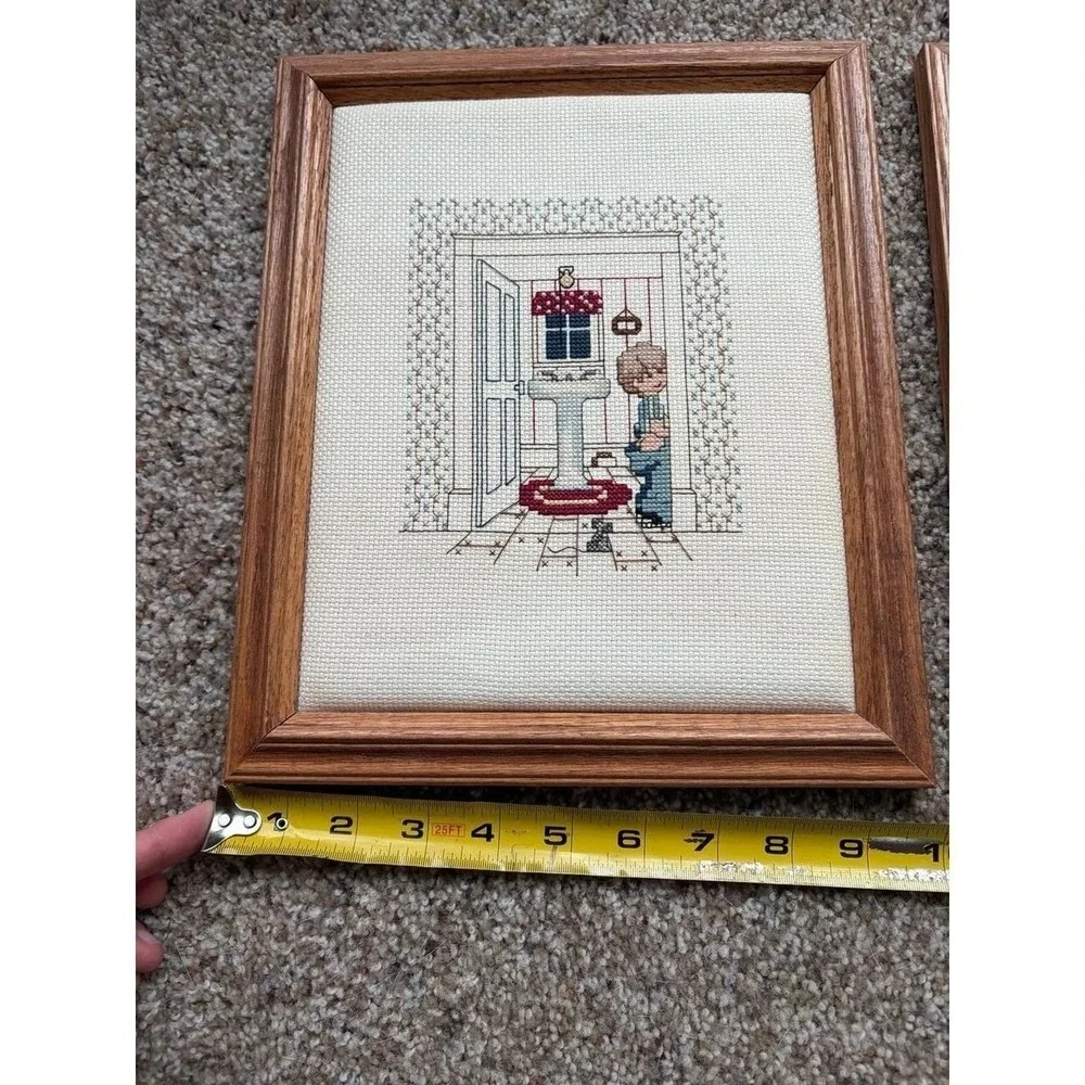 Vintage Completed Cross Stitch Girl & Boy Bathroom Scenes potty pair scene
